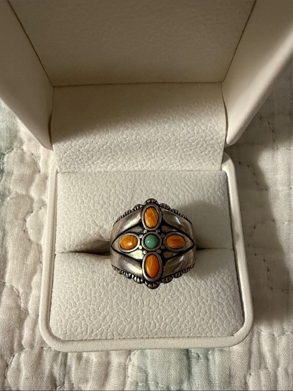 Sterling-Inspired Orange and Turquoise Accent Womens Statement Ring